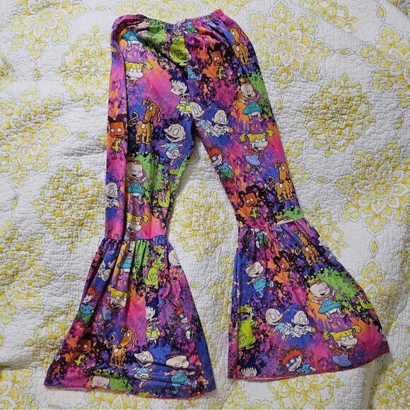 Girl’s Novelty Print Bell Bottom Pants Tie Dye Rugrats All Over Print 6XL FLAWS - Picture 1 of 9